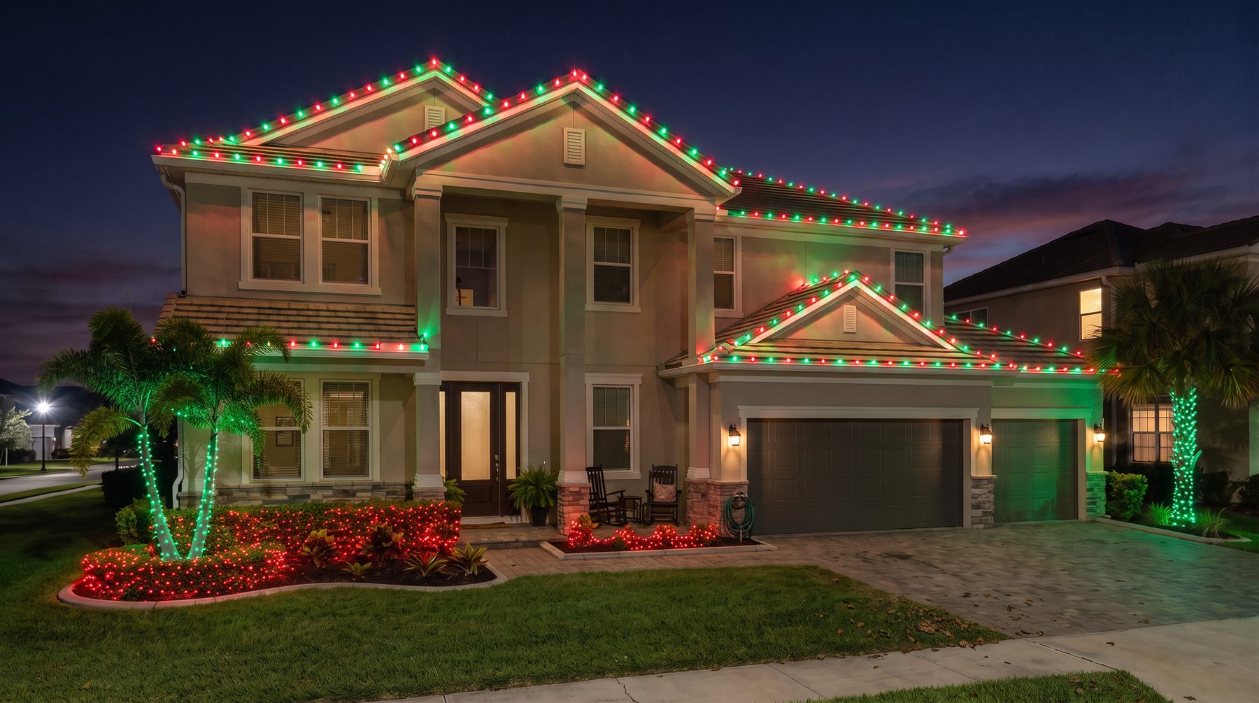 Home with festive roofline lighting