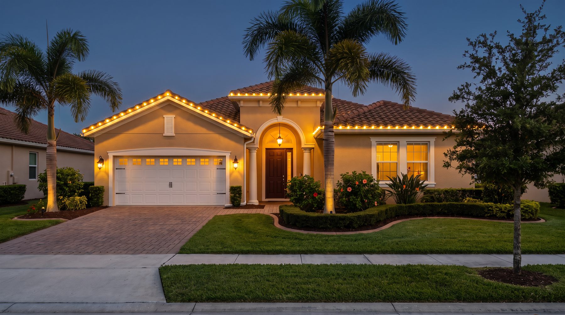 Two-story home with warm white roofline lighting