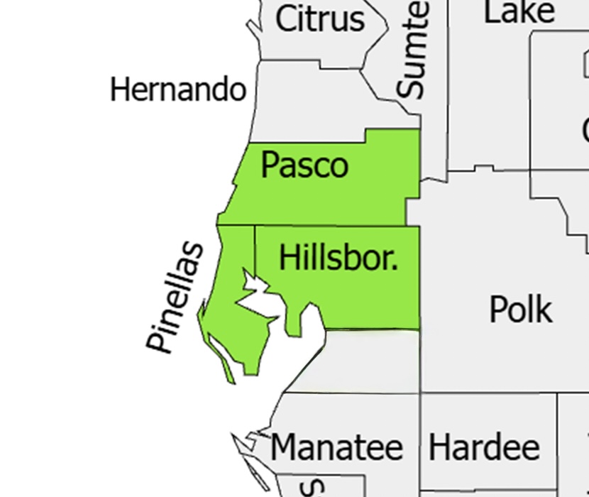 Map of the Tampa Bay region highlighting Pasco, Pinellas and Hillsborough counties as the Bayside Holiday Lighting service area
